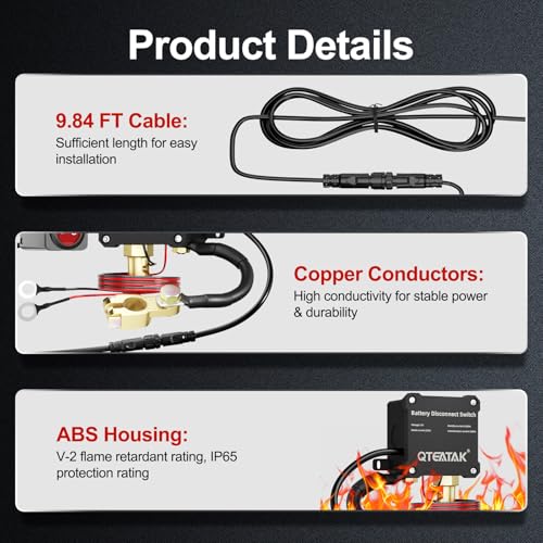Image of 12V 250A Battery Disconnect Switch Kill Switch | Round Rocker Switch, 9.84 FT Battery Kill Switch to Prevent Battery Drain, Battery Cut Off Switch for Car Truck RV