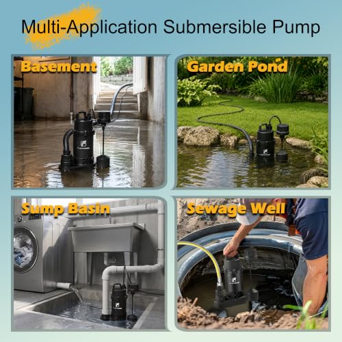 Image of FLUENTPOWER Submersible Sump Pump 3 /4HP 3500GPH, with Piggy-back Vertical Float Switch and 10' Cord, Portable Electric Cast Aluminum Sump /Sewage Pump for Basement Pool Garden Pond Basin, Black