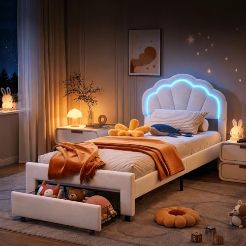 BRILVERDE Lit Rembourré 90x200cm avec Éclairage LED, Lit Design Fleur en Velours Beige, Cadre de Lit avec Grand Tiroir de Rangement, Sommier à Lattes en...