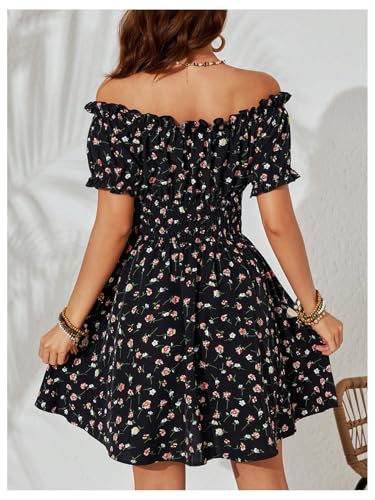 Image of Milumia Women's Floral Off Shoulder Puff Sleeve Short Dress Boho Frill Trim A Line Mini Dresses