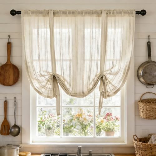 Gxi Beige Striped Sheer Curtain Tie Up Balloon Curtain for Kitchen Bathroom