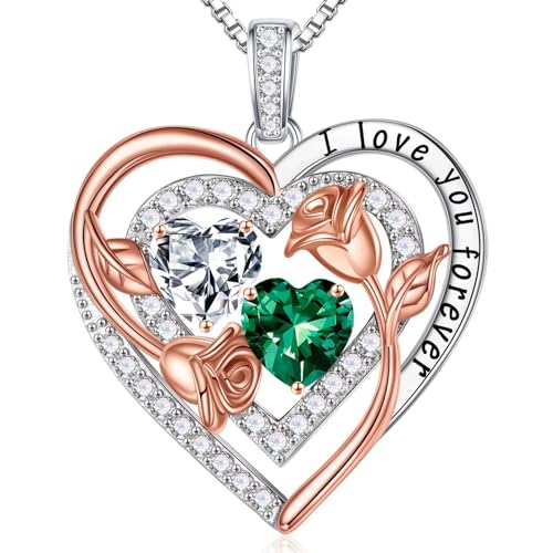 Iefil Gifts for Her Wife Gifts for Girlfriend Rose Heart Birthstone Necklace Topaz Emerald Necklace April May Birthstone Jewelry