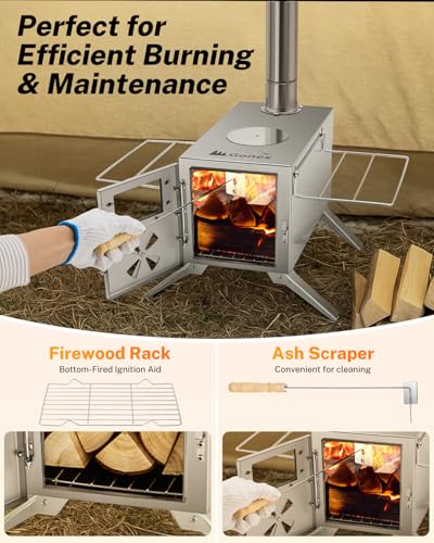 Gonex Hot Tent Stove, Portable Wood Burning Camping Stainless Steel Stove with Chimney Pipes for Tent, Outdoor, Heating, Cooking, Ice Fishing