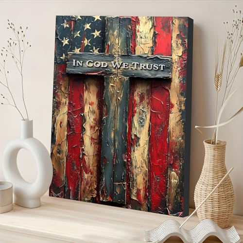 Image of Framed Vintage Cross American Flag Wall Art, Patriotic Rustic Canvas Art Pictures, USA Flag Wall Decor, Made in USA Ready to Hang for Living Room Garage