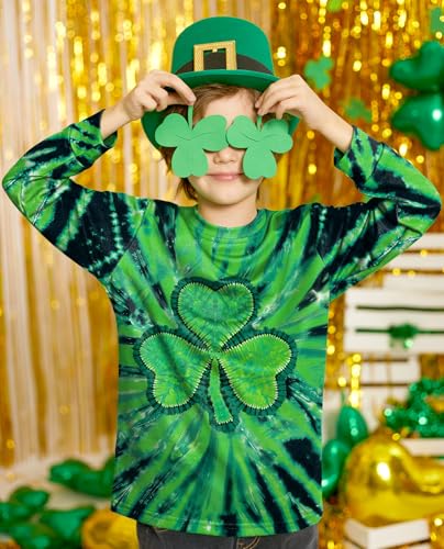Image of Unisex Kids St. Patrick's Tie Dye Irish Clover Long Sleeve Shirt Shamrock Green Sweatshirt 6-14 Years