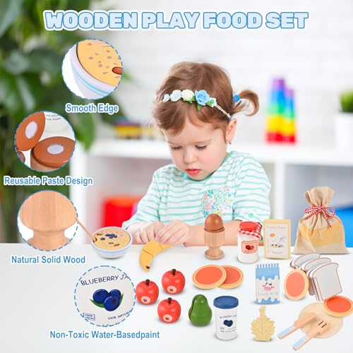 WoodTrove Wooden Play Food Set, Wooden Food for Play Kitchen, Wood Food Toys with Storage Bag, Play Kitchen Accessories, Gift for Girls Boys 3+ Year Old - Thumbnail 5