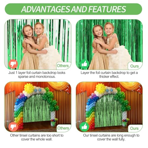 Image of 4 Pack Green Foil Fringe Curtains Streamers Party Decorations 3.3 x 8.2 ft, Blue Tinsel Curtain Fringe Backdrop for Parties, Door Fringe Birthday Streamers, Photo Booth Backdrops, Party Decor