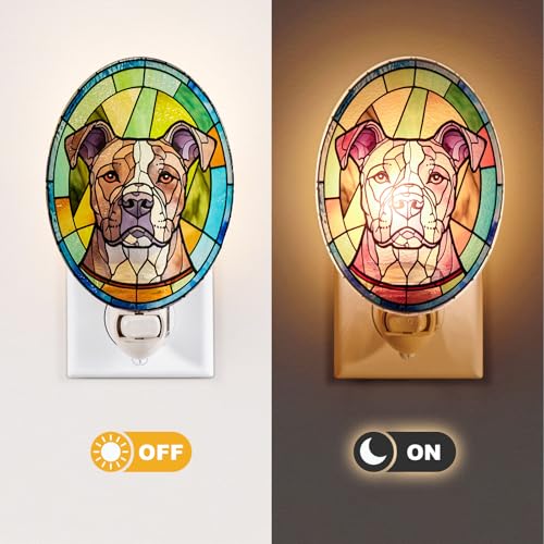 Image of Dog Night Light Pitbull, Stained Glass Styled Plug-in Wall Nightlight, Bulb Included, Pet Memorial Dog Lover Gift, Bedroom Hallway Bathroom Decor, Manual On /Off Switch
