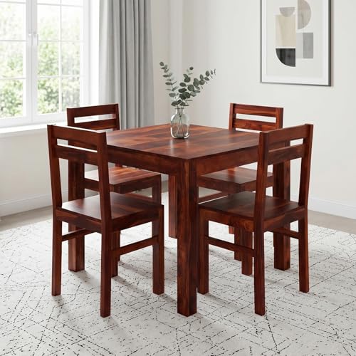 Image of Amazon Brand - Solimo Sheesham Wood Rosyth 4 Seater Square Dining Table with Chairs | Durable Wooden Dining Set Furniture for Restaurants, Dining Room, Living Room, Hotels and Home (Honey Finish)