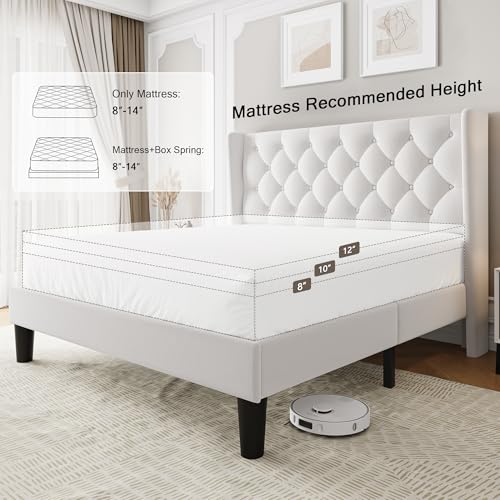 Einhomn Queen Size Platform Bed Frame with Velvet Upholstered Wingback Headboard, 10" Under Bed Space, Wooden & Metal Slats Support, No Box Spring Needed, White - Image 5