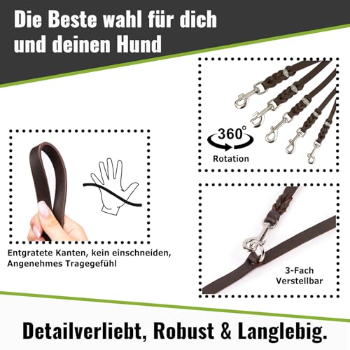 Hundeleine Leder 2m mittelgroße Hunde Fettlederleine [3-Fach Verstellbar] Lederleine geflochten – robuste Leine Hund mit Chrombeschlägen – Führleine Hund & Freihandleine – Dog Leash Braun 12mm