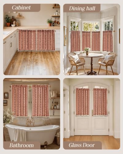 Image of Miss Adola Boho Kitchen Curtains - 45 Inch Length Linen Blend Floral Burnt Orange Cafe Curtains Tassels Tier Curtain Short Drapes Rod Pocket for Bathroom Living Room Windows Light Filtering, 2 Panels