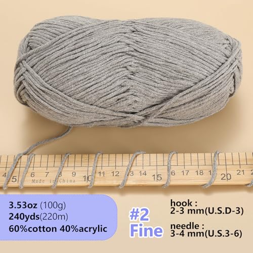 Image of LUCKY BALL Milk Cotton Yarn, 100g / 240 yd 60% Cotton 40% Acrylic #2 Fine Sport Yarn, Soft Crochet & Knitting Yarn for Amigurumi Dolls, Baby Items, Flowers, Hats, Sweaters, Blankets(Grey)