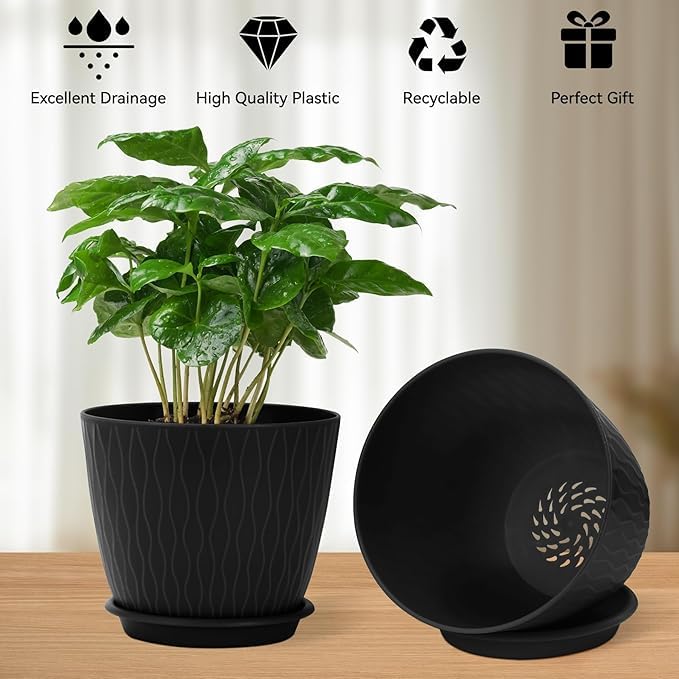 Image of StyleX Store Plastic Round Flower Pots with Drainage Hole Saucers | Durable Outdoor Indoor Wave Pattern Planters with Tray | Plant Containers for Garden, Office, Balcony and Home (Set of 5, Black)