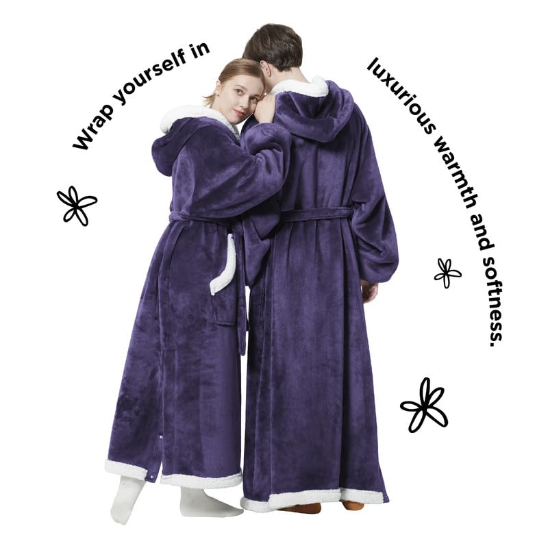 Image of Bedsure Wearable Blanket Hoodie, Long Hooded Blanket Sweatshirt as Birthday Gifts for Women, Cozy Sherpa Hoodie for Adult, Small, Dark Purple
