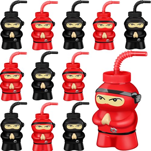 Layhit 12 Pcs Ninja Birthday Supplies Party Favor Cups 10 oz Ninja Plastic Cup Reusable Black and Red Cup Bulk for Kids Party Favor(Red, Black)