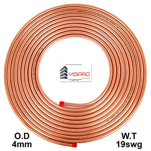 Image of Visiaro Round Pure Soft Copper Tube, 15mtr, Outer Dia 4 mm, Wall Thickness 19 swg, 99.9% Purity, Industrial Metal, Seamless Pipe for Air Conditioning, Refrigeration, Plumbing Systems and DIY Projects