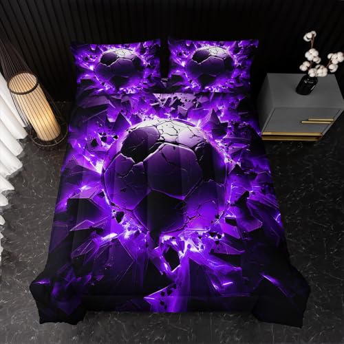 Image of Nttopship Soccer Bedding Comforter Set Full Size for Kids Teens and Adults, Purple and Black Football Printed Bedding Sets 3 PCS,Ball Sports Themed Bedroom Decor with 1 Comforter and 2 Pillowcases