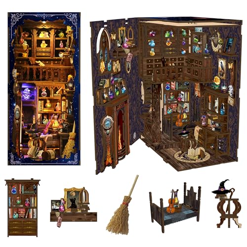 ARefugen Magic Potion House DIY Book Nook Kit – 3D Wooden Bookend with LED Lights, Miniature Bookshelf Insert Decor, Creative Puzzle for Teens Adults, Magical Apothecary Craft Gift