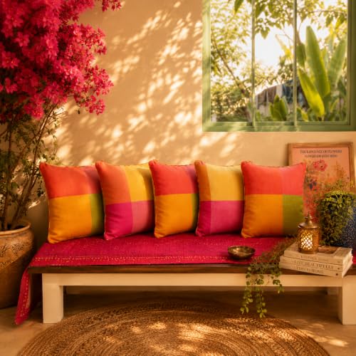 Image of RANGBHAR Handloom 100% Cotton Cushion Cover Set of 5 | Cushion with All Around Piping for Premium Finish | 16x16 Inches Hand Woven Striped Cushion Covers | Yellow Mustard