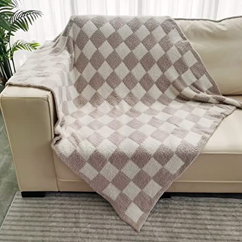 Ultra Soft Checkered Blanket Cream Cozy Buffalo Check Throw Fluffy Knitted Reversible Throw Blanket Lightweight Fleece Checkerboard Grid Blanket For Sofa Couch Bed Travel, Taupe/White, 51''X63'' #TOP1