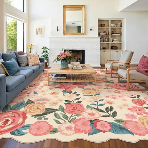 PureCozy Washable Floral Area Rug 8x10 Beige Living Room Large Carpet Bedroom Scalloped Flower Non Slip Soft Throw Rug Farmhouse Low Pile Thin Indoor Floor Cover for Dining Room Office
