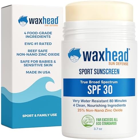 Waxhead Zinc Oxide Sunscreen Stick SPF 30, 4-Ingredient Mineral Sunscreen for Face & Body, EWG 1, Reef Safe Non-Nano, Baby & Kids Sensitive Skin, Water Resistant Sport Tattoo Sunblock, 3.7 oz