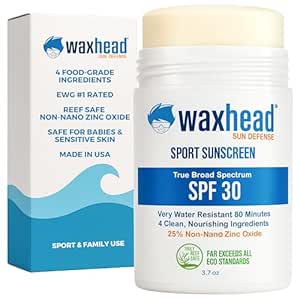 Waxhead Zinc Oxide Sunscreen Stick SPF 30, 4-Ingredient Mineral Sunscreen for Face &amp; Body, EWG 1, Reef Safe Non-Nano, Baby &amp; Kids Sensitive Skin, Water Resistant Sport Tattoo Sunblock, 3.7 oz