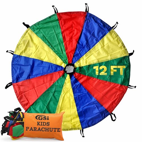 GSi Kids Play Parachute Rainbow Parachute Toy Tent Game for Children Gymnastics Cooperative Play and Outdoor Playground Activities (12 Feet)