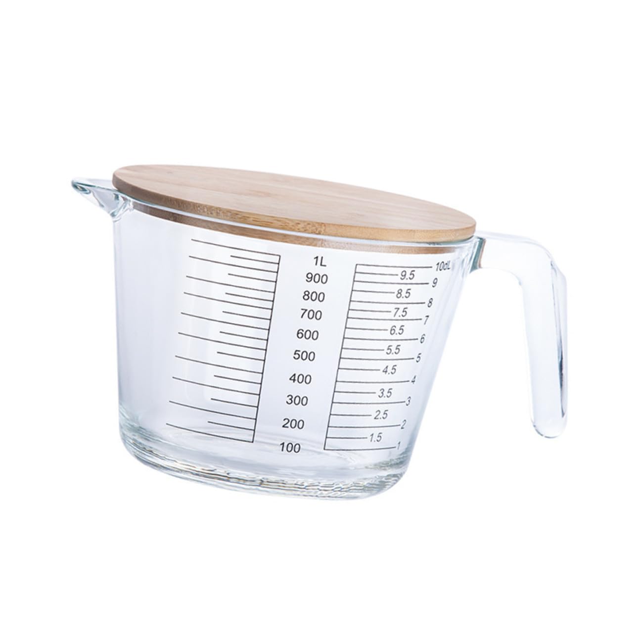 Cabilock Vaso Jarra al Calor Resistente con Vidrio Medidor Tapa Medidora Madera Escala Práctica Medir para Cocina, Adecuado Líquidos y Aceites