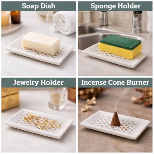 Image of Natural Marble Stoneware Soap Dish jaali Bathing Accessories Holder for Bathroom, Kitchen, Bathtub, Wash basins (SoapDish-11)