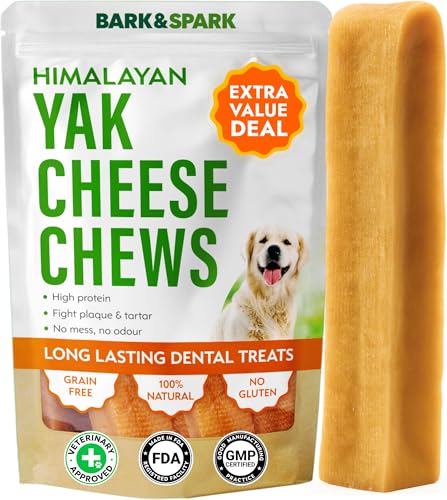 BARK&SPARK Yak Cheese Himalayan Dog Chews - 100% Natural & Long Lasting Dog Treats, Yak Milk Chews for Small, Medium & Large Dogs, Lactose & Gluten Free Dental Sticks, Healthy & Safe (8 Large Chews)