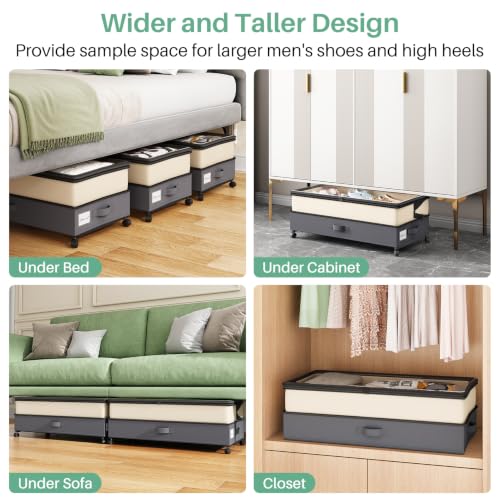 Image of Kitstorack 4 Pack Height-adjustable Under Bed Storage with Wheels, Under Bed Storage Containers,Under Bed Shoe Storage Organizer with Clear Window&Label, Suitable for Clothes Storage, Beige & Gray