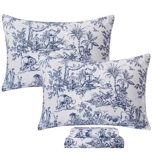 Image of FADFAY Toile Sheet Set Cal King Classic Blue & White 100% Egyptian Cotton French Country Bedding Toile de Jouy Pastoral Scenic Farmhouse Bedding Deep Pocket Sheets Breathable Soft for All Seasons 4Pc