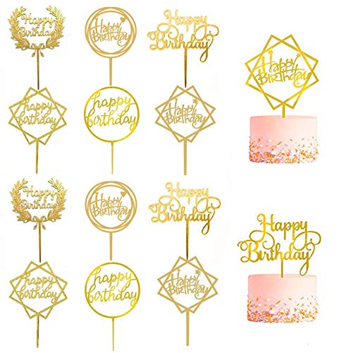 12Pcs Acrylic Cake Topper, BetterJonny Double-Sided Glitter Happy Birthday Gold Cake Topper Set, Birthday Decoration for Children and Adults