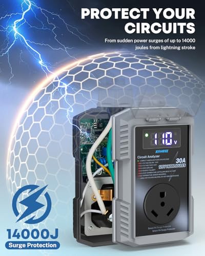 Image of Kohree RV Surge Protector 30 Amp, Surge Voltage Protection 14000J, Gray | RV Adapter Plug, Waterproof Cover, Auto Shut Off, LED Display Circuit Analyzer, for Travel Trailers Camper, 30A Gray