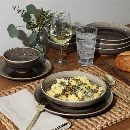 Image of Gibson Elite Hailstone 16 Piece Stoneware Reactive Glaze (Service for 4) Ceramic Plates and Bowls Dinnerware Set - Black