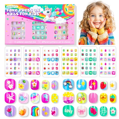 144 Pieces 6 Pack Kids Press on Nails Artificial Fake Nails for Kids Girls Pre Glue Full Cover Short Acrylic  Nail Tips Art Kits Gifts for Girls Nail Art Decoration (Cute Pattern)