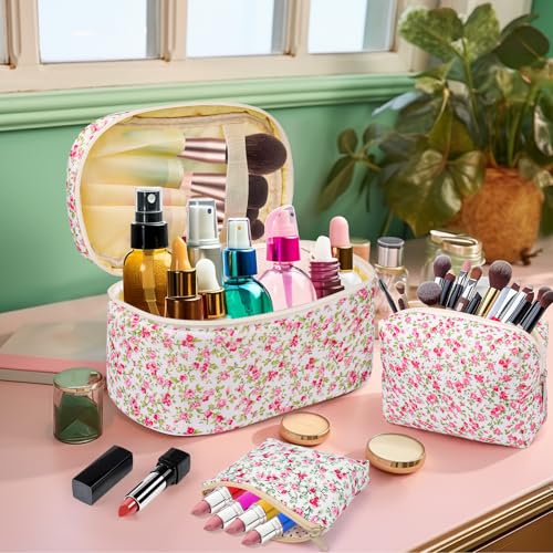 BABORUI Quilted Makeup Bag – Large Travel Cosmetic Bags for Women, Cotton Padded Toiletry Organizer with Compartments – Lightweight & Durable for Travel or Daily Use4