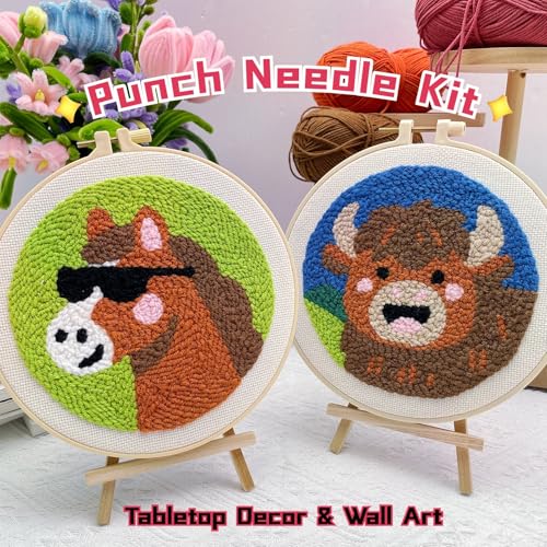 Image of Punch Needle Kit for Adult Beginner, 2-Pack Horse & Highland Cow Punch Embroidery Starter Set with Instructions - Yarn Needle Punch Craft for Xmas Gift Idea & Home Wall Decor