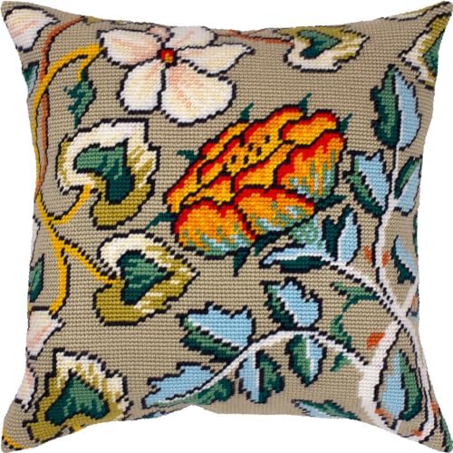 Brvsk Floral Embroidery Kit for Adults and Beginners — Maids of Honor by William Morris 16″ × 16″ with Clear, Precise Printed Design on Cotton Canvas; Includes 2 Needles, Yarn, and Easy-Read Chart