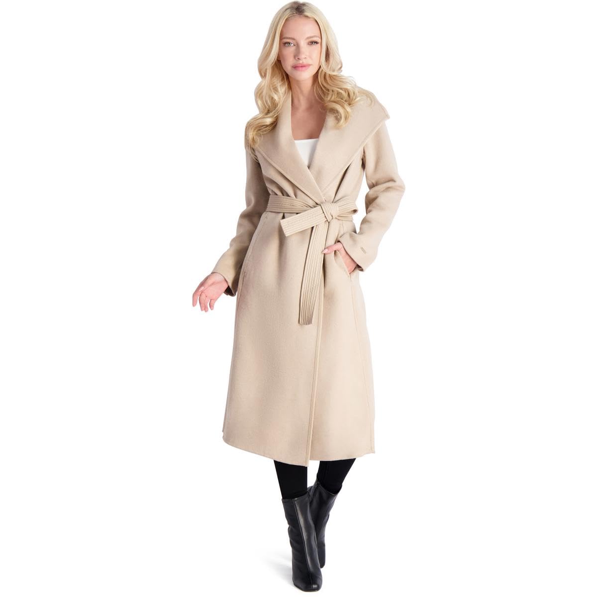 TAHARI Juliette Women's Wool Blend Double Face Belted Coat Beige Size L