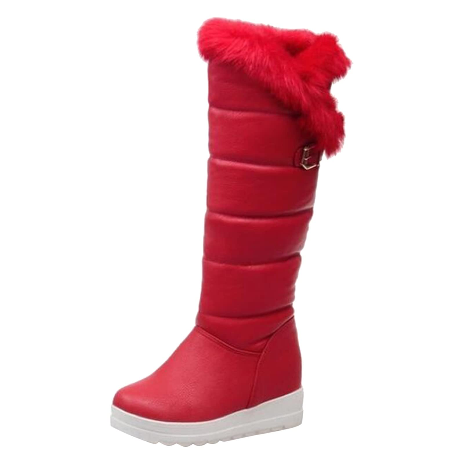 Womens Knee Length Boots Fashion Winter Long Boots Faux Fur Collar Platform Wedge Heels Shoes Waterproof Leather Boot