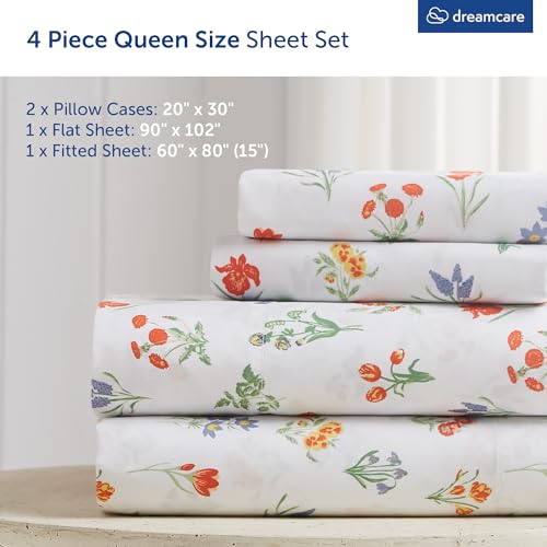 Image of DREAMCARE Queen Sheet Set - 4 pcs Breathable Cooling Sheets - up to 15 inch Deep Pocket Queen Sheets Set with Side Pockets - Extra Soft 100% Brushed Hypoallergenic Hotel Luxury Bedding - Multi Floral