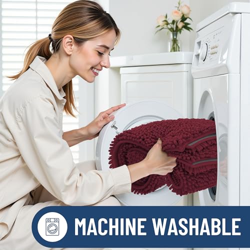 Image of Smiry Bathroom Rugs Sets 2 Piece, Soft Absorbent Chenille Machine Washable Non Slip Shaggy Bath Rug Set for Tub, Shower, and Floor (34x21+30x20, Burgundy)
