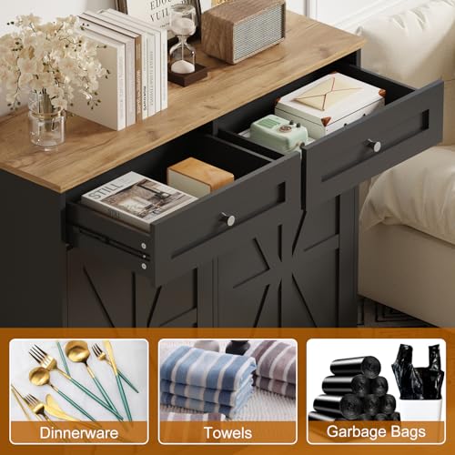 Image of Double Tilt Out Trash Cabinet 20 Gallon,Dual Kitchen Wood Trash Can with Hideaway Drawers,Hidden Pet-Proof Garbage Can Laundry Hamper for Kitchen, Dining, Living Room