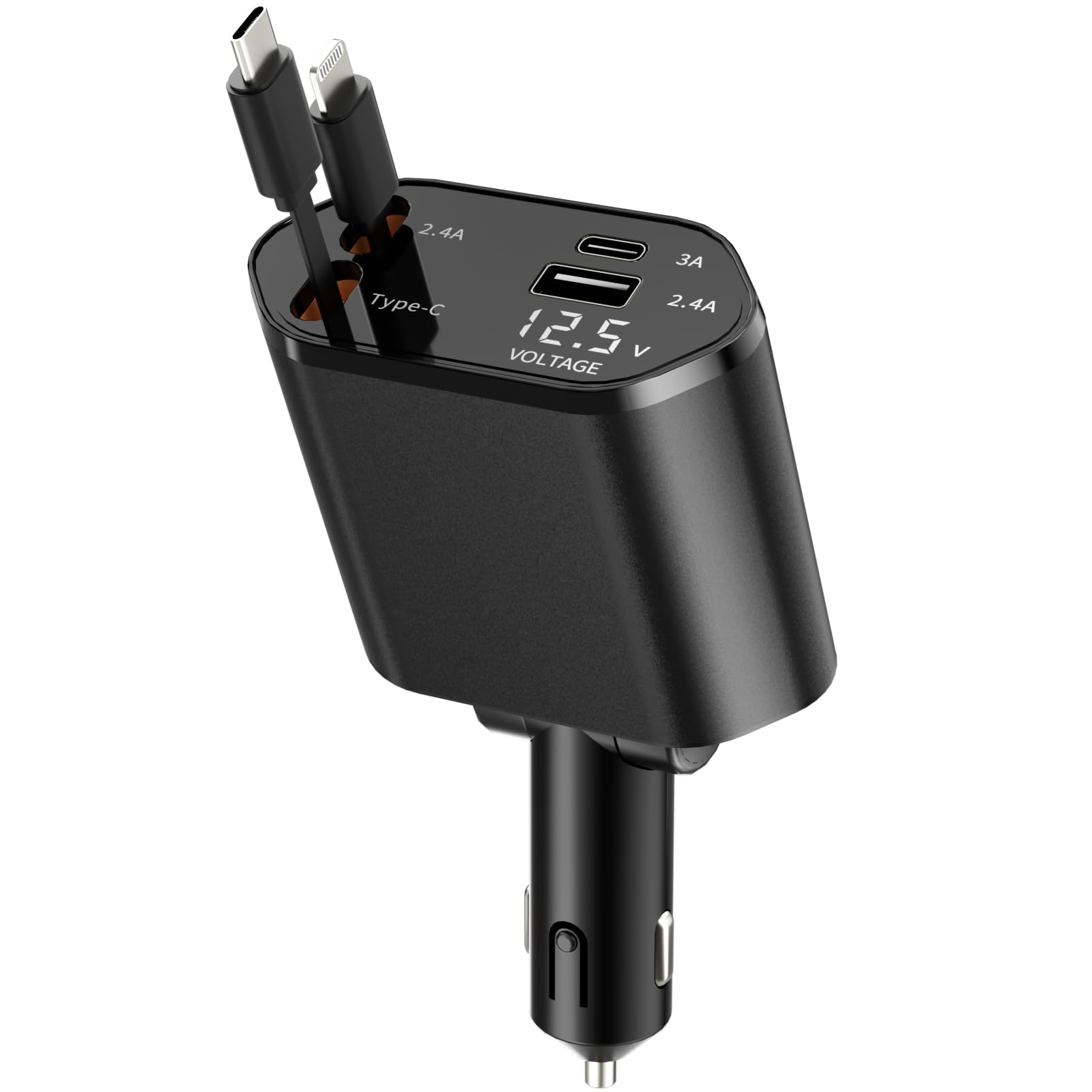 BERTHALESS Cargador retráctil de coche, cargador de coche de carga rápida 4 en 1 con USB-C y USB-A, compatible con iPhone 17/16/15/14/13/12/11, Galaxy, Pixel, accesorios de coche para hombres y