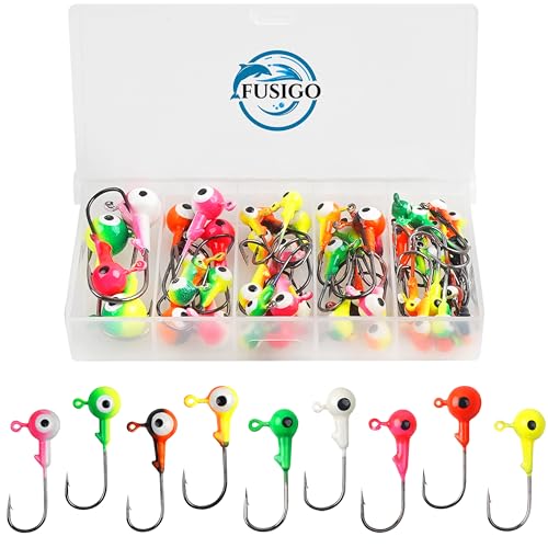 Fishing Jig Heads Hooks Set, 40pcs Assorted Round Jig Head with 3D Eyes Painted Jig Heads for Crappie Bass Walleye 1/4oz 1/8oz 1/16oz 1/32oz Saltwater Freshwater Fishing Tackle Kit
