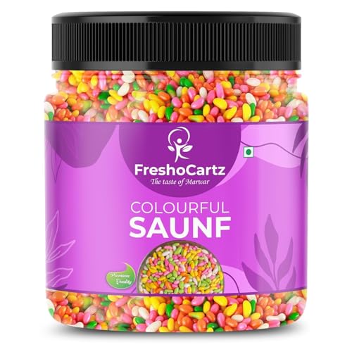 Image of FreshoCartz Sugar Coated Colourful Saunf 800gm - Multicolour Sweet Fennel Seeds for Cake Decoration & Mouth Freshener | Premium Candy Coated Saunf for Desserts, After-Meal Serving & Festive Gifting | Jar Pack