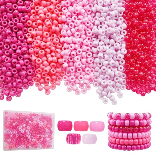 Looconi Valentine's Day Pony Beads, 500pcs Glitter Pink Red Glitter Plastic Pony Beads with Storage Box for Jewelry Making DIY Crafts Valentines Party Decoration Necklace Bracelets